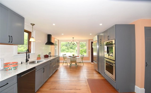 259 Green Hill Beach Rd, South Kingstown, RI 02879 - kitchen with stainless steel appliances, wall chimney exhaust hood, gray cabinets, a sink, and backsplash