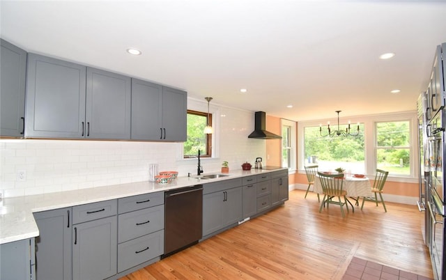 259 Green Hill Beach Rd, South Kingstown, RI 02879 - kitchen with dishwasher, wall chimney exhaust hood, a sink, gray cabinets, and recessed lighting