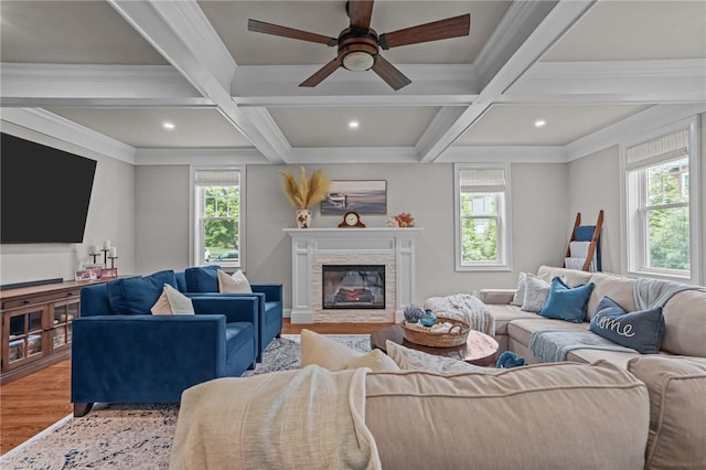 40 Oakbrook Ct, East Greenwich, RI 02818 - living room with a fireplace, healthy amount of natural light, wood finished floors, a ceiling fan, and coffered ceiling