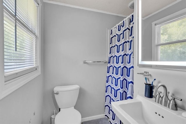 202 Hartford Pike, Foster, RI 02825 - full bathroom featuring a sink, crown molding, toilet, a shower with curtain, and baseboards