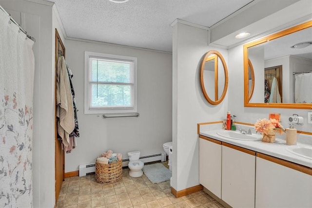 202 Hartford Pike, Foster, RI 02825 - bathroom with double vanity, toilet, baseboards, curtained shower, and a baseboard radiator