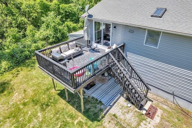 202 Hartford Pike, Foster, RI 02825 - wooden deck with an outdoor hangout area, stairs, a lawn, and a grill