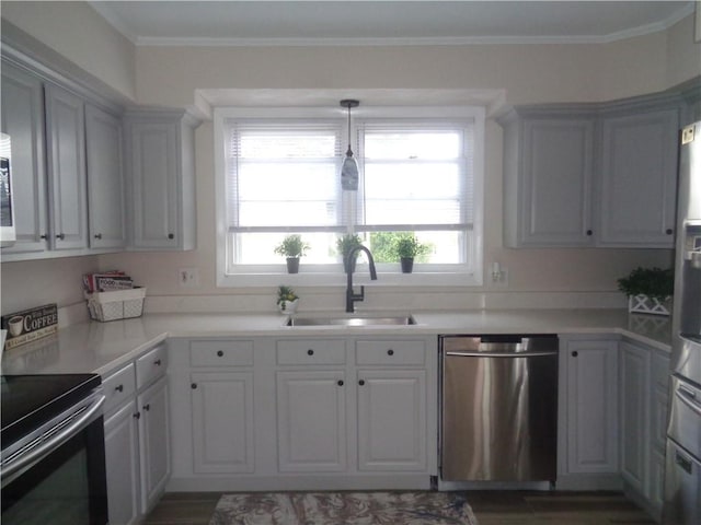 176 Vernon St, Warwick, RI 02889 - kitchen with stainless steel dishwasher, a sink, black electric range oven, plenty of natural light, and crown molding