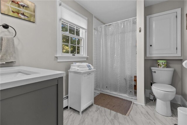 37 Brownell St, Warren, RI 02885 - full bathroom with toilet, marble look tile flooring, vanity, and a shower with curtain