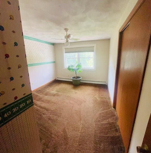 1221 Phenix Ave, Cranston, RI 02921 - unfurnished room featuring wallpapered walls, carpet flooring, a ceiling fan, baseboards, and baseboard heating