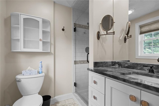 1221 Phenix Ave, Cranston, RI 02921 - bathroom featuring vanity, a stall shower, toilet, and baseboards