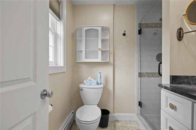 1221 Phenix Ave, Cranston, RI 02921 - bathroom featuring baseboard heating, a shower stall, toilet, vanity, and baseboards