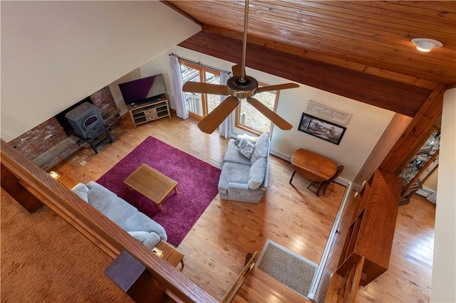 71 Phillips Ln, Glocester, RI 02814 - living room featuring hardwood / wood-style flooring, wooden ceiling, vaulted ceiling, a ceiling fan, and a baseboard heating unit