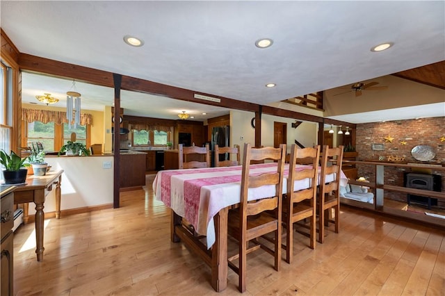 71 Phillips Ln, Glocester, RI 02814 - dining area with light wood-type flooring, recessed lighting, ceiling fan, a baseboard heating unit, and beam ceiling