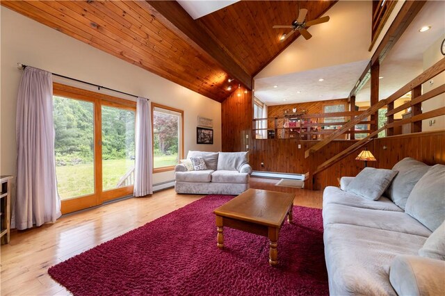 71 Phillips Ln, Glocester, RI 02814 - living room with a baseboard radiator, high vaulted ceiling, ceiling fan, light wood-style flooring, and wooden walls