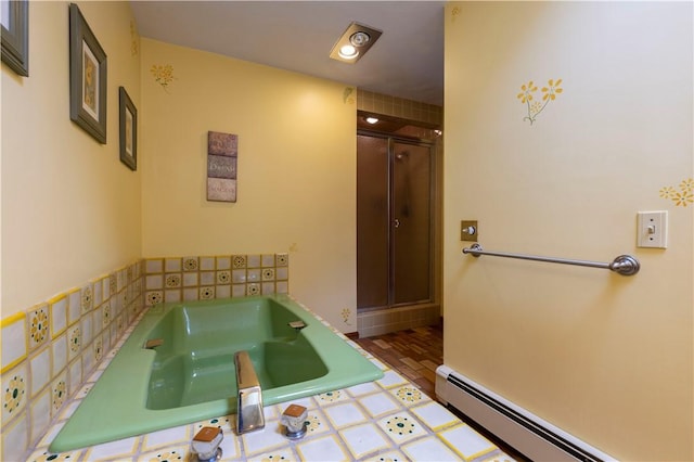 71 Phillips Ln, Glocester, RI 02814 - full bathroom featuring baseboard heating, a garden tub, and a shower stall