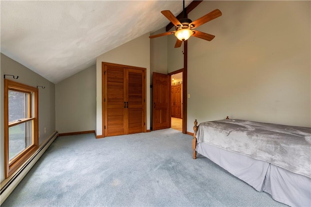 71 Phillips Ln, Glocester, RI 02814 - bedroom with a baseboard heating unit, lofted ceiling, a closet, carpet flooring, and baseboards