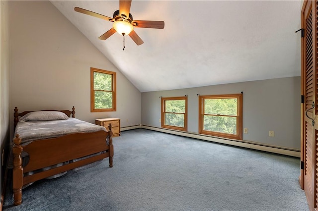 71 Phillips Ln, Glocester, RI 02814 - bedroom with a baseboard heating unit, lofted ceiling, carpet flooring, multiple windows, and ceiling fan