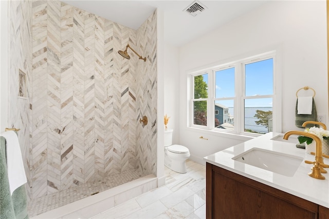 51 Burnett Rd, Warwick, RI 02889 - bathroom featuring vanity, tiled shower, toilet, and marble finish flooring