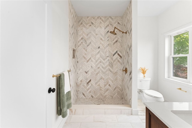 51 Burnett Rd, Warwick, RI 02889 - bathroom with vanity, tiled shower, toilet, and marble look tiles
