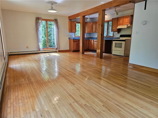 66 Shadbush Rd, South Kingstown, RI 02879 - kitchen with white range with electric cooktop, under cabinet range hood, light wood finished floors, brown cabinets, and dark countertops