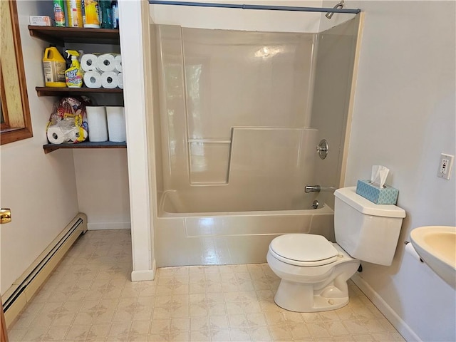 66 Shadbush Rd, South Kingstown, RI 02879 - bathroom with a baseboard heating unit, shower / bath combination, toilet, and tile patterned floors