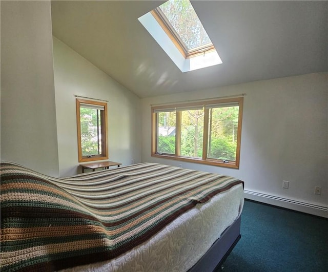 66 Shadbush Rd, South Kingstown, RI 02879 - bedroom featuring baseboard heating, vaulted ceiling, a skylight, carpet flooring, and baseboards