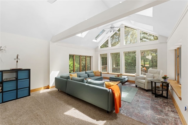 336 Switch Rd, Richmond, RI 02832 - living room with a skylight, ceiling fan, high vaulted ceiling, and baseboards