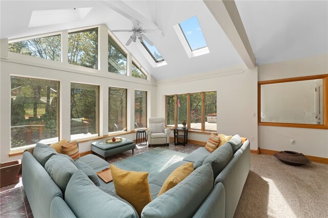 336 Switch Rd, Richmond, RI 02832 - living room with a skylight, plenty of natural light, high vaulted ceiling, and a ceiling fan