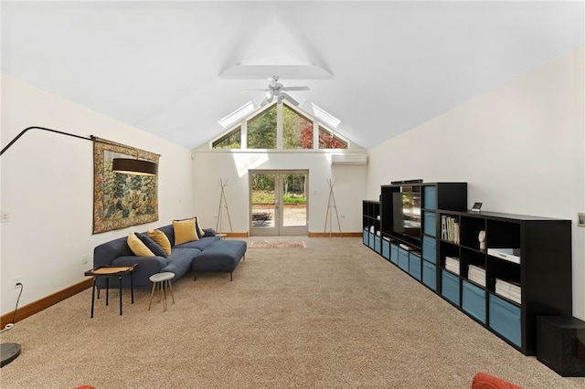 336 Switch Rd, Richmond, RI 02832 - living room featuring carpet, lofted ceiling, a ceiling fan, baseboards, and french doors