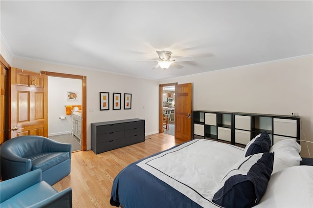 336 Switch Rd, Richmond, RI 02832 - bedroom with crown molding, baseboards, light wood-style floors, a ceiling fan, and ensuite bath