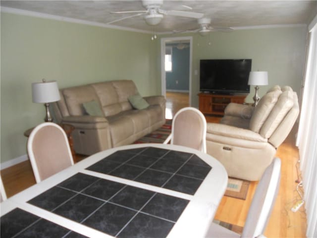 20 Anchorage Rd, Narragansett, RI 02882 - living area featuring ceiling fan, crown molding, wood finished floors, and baseboards