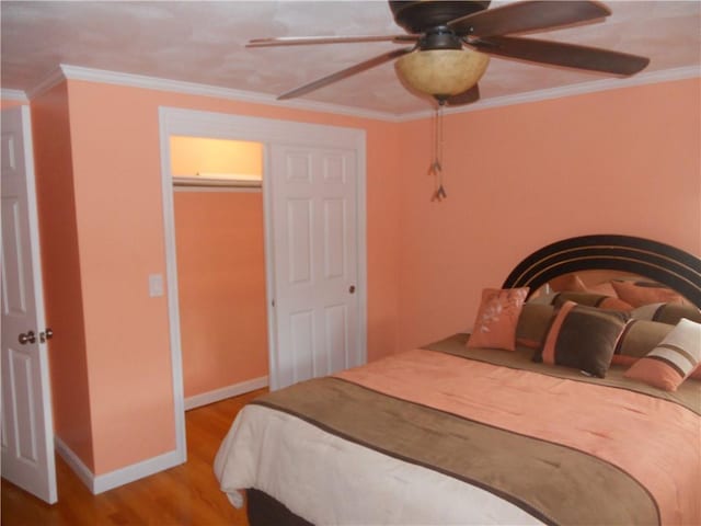 20 Anchorage Rd, Narragansett, RI 02882 - bedroom featuring wood finished floors, baseboards, ornamental molding, and a ceiling fan