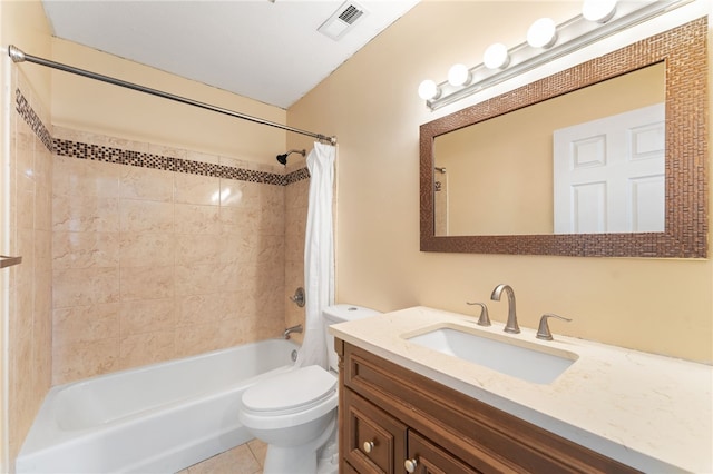 694 Orleans Ct, Warwick, RI 02886 - bathroom with shower / bath combination with curtain, toilet, vanity, and tile patterned flooring