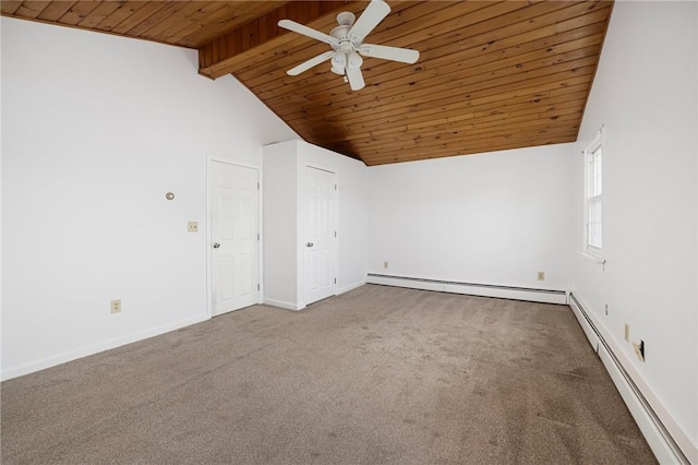 52 Pleasant View Rd, Warwick, RI 02888 - carpeted empty room featuring wooden ceiling, baseboard heating, a ceiling fan, and baseboards