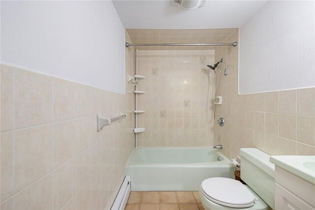 52 Pleasant View Rd, Warwick, RI 02888 - bathroom featuring tile walls, toilet, bathtub / shower combination, vanity, and tile patterned flooring