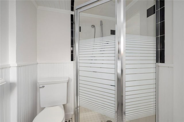 52 Pleasant View Rd, Warwick, RI 02888 - bathroom with crown molding, toilet, a shower stall, and a wainscoted wall