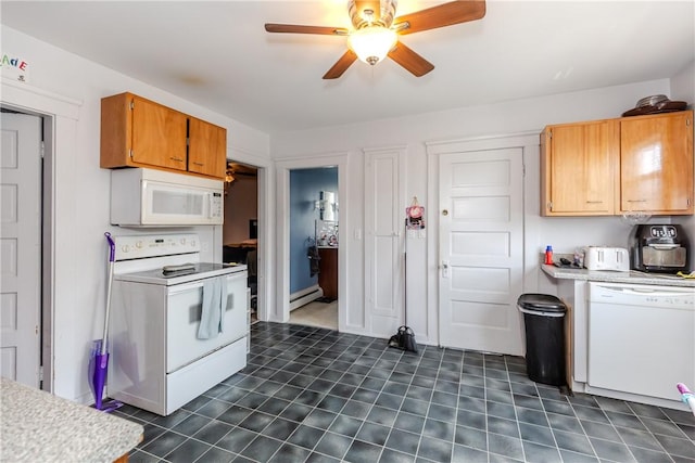 2 Ann St, North Providence, RI 02904 - kitchen with white appliances, a baseboard radiator, light countertops, and ceiling fan