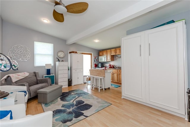 2 Ann St, North Providence, RI 02904 - living area featuring beamed ceiling, ceiling fan, light wood-style floors, and recessed lighting