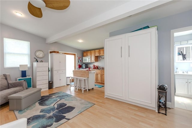 2 Ann St, North Providence, RI 02904 - living room featuring plenty of natural light, light wood-style flooring, beam ceiling, and ceiling fan