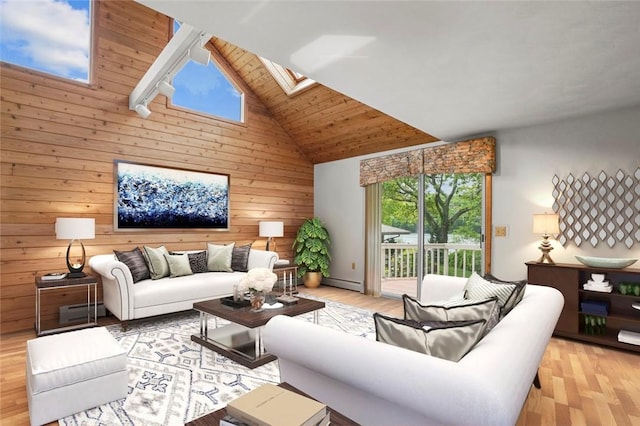236 Indian Trl, Narragansett, RI 02874 - living room with a skylight, a baseboard heating unit, wood walls, light wood-style flooring, and wood ceiling