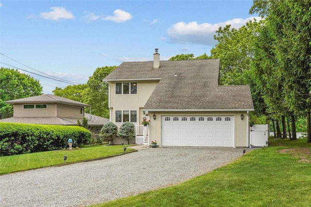 236 Indian Trl, Narragansett, RI 02874 - view of front of house with gravel driveway, a chimney, a front lawn, and a garage