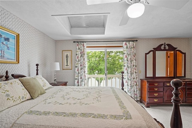 236 Indian Trl, Narragansett, RI 02874 - bedroom with wallpapered walls, access to outside, light carpet, a raised ceiling, and a ceiling fan