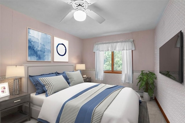 236 Indian Trl, Narragansett, RI 02874 - bedroom with a ceiling fan, wallpapered walls, baseboard heating, and carpet floors