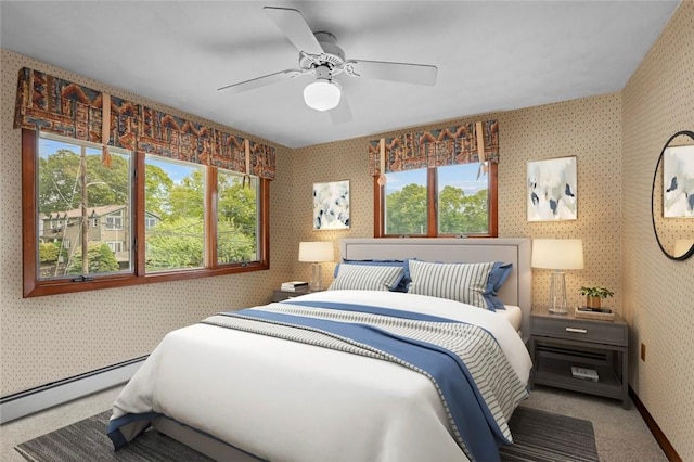 236 Indian Trl, Narragansett, RI 02874 - bedroom featuring wallpapered walls, baseboard heating, multiple windows, carpet, and a ceiling fan