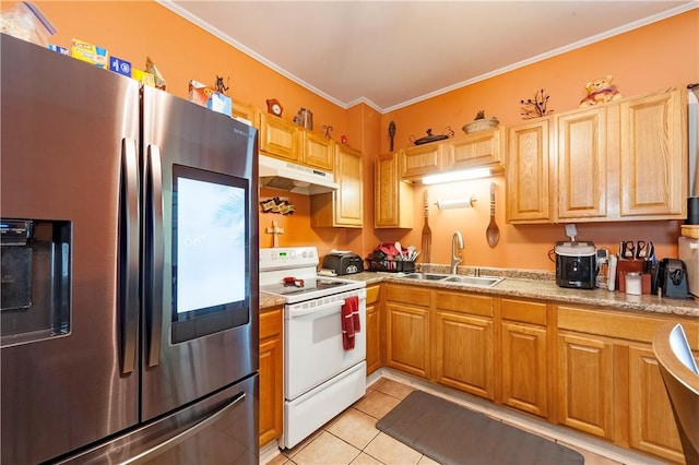 263 Front St, Lincoln, RI 02865 - kitchen featuring stainless steel fridge, white electric range, a sink, under cabinet range hood, and light tile patterned flooring
