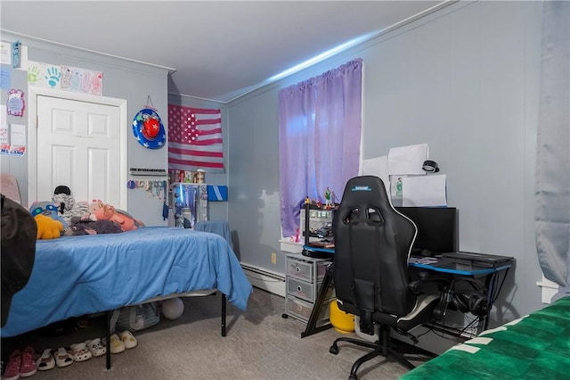 263 Front St, Lincoln, RI 02865 - carpeted bedroom with ornamental molding, a baseboard heating unit, and an office area