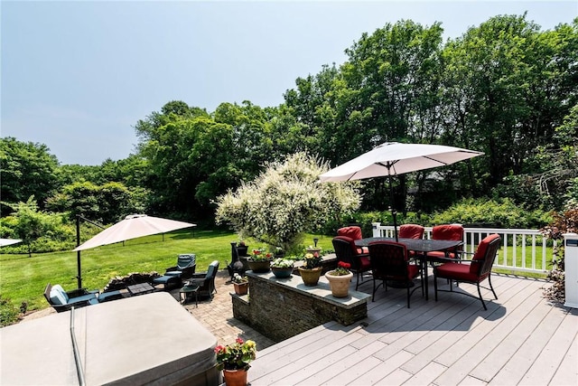 59 Intrepid Ln, Jamestown, RI 02835 - deck with outdoor dining area, a lawn, and an outdoor living space