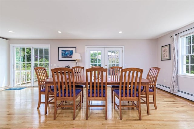 59 Intrepid Ln, Jamestown, RI 02835 - dining room featuring light wood-style flooring, french doors, recessed lighting, and baseboard heating