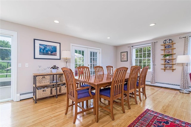 59 Intrepid Ln, Jamestown, RI 02835 - dining space featuring baseboard heating, french doors, light wood-style floors, and recessed lighting