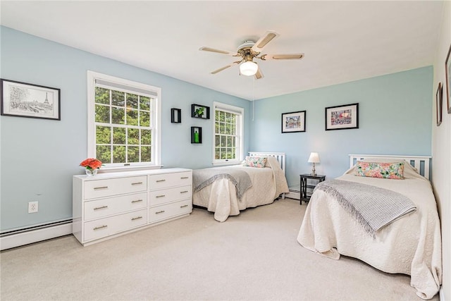 59 Intrepid Ln, Jamestown, RI 02835 - bedroom with light colored carpet, baseboard heating, and a ceiling fan