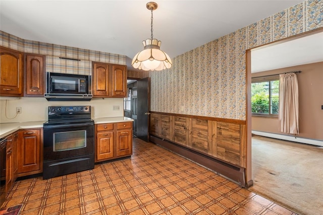 19 Cindy Ln, Coventry, RI 02816 - kitchen featuring black appliances, wallpapered walls, baseboard heating, light countertops, and wainscoting