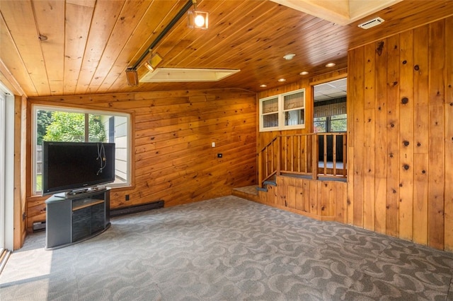 19 Cindy Ln, Coventry, RI 02816 - unfurnished living room with carpet flooring, wooden ceiling, wood walls, lofted ceiling, and stairway