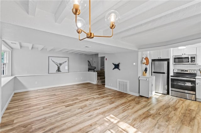 694 Windwood Dr Unit C, Tiverton, RI 02878 - kitchen with stainless steel appliances, beam ceiling, light wood finished floors, white cabinets, and backsplash