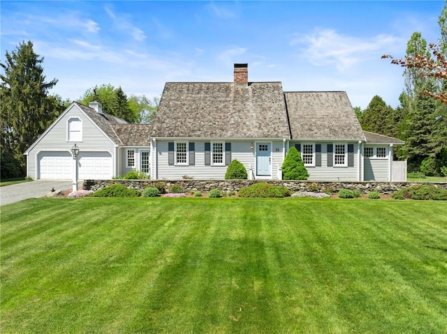 31 Peaceful Way, Tiverton, RI 02878 - view of front of house featuring a front yard, driveway, a garage, and a chimney
